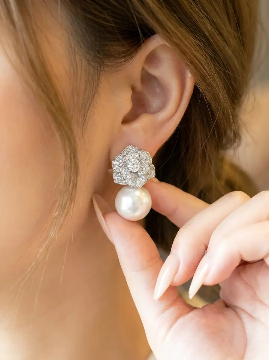 Camellia Pearl Drop Earrings